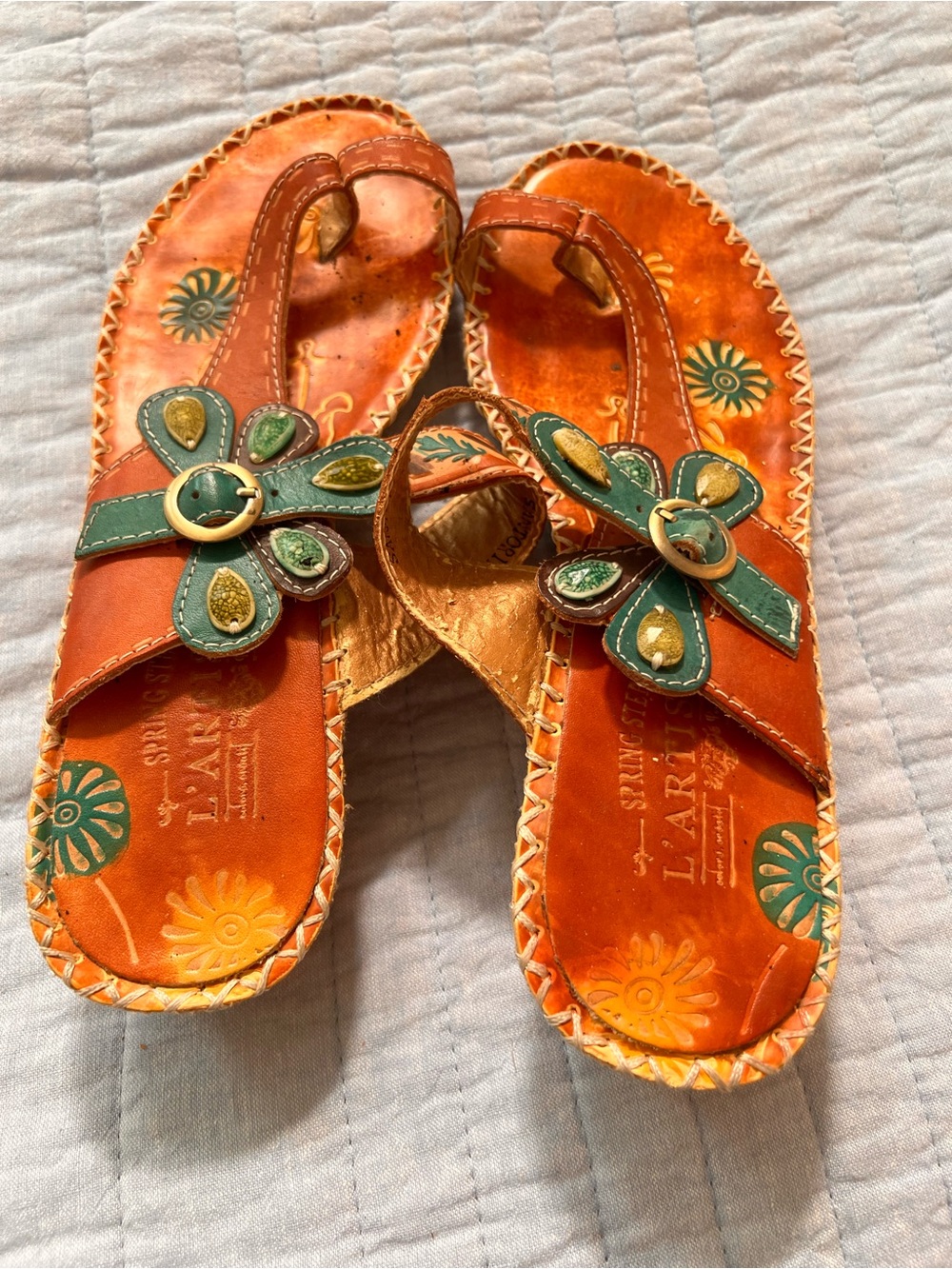 Artisan Orange Leather Sandals with Green Floral Accent - Picture 2 of 6